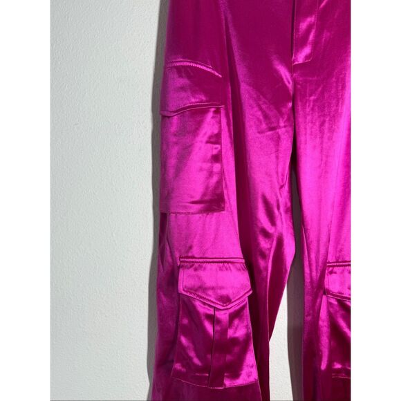 Boutique Brand Hot Pink Satin Cargo Pants Wide Leg Statement Trousers Sz XL - Picture 3 of 15